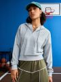 SHEIN Street Sport Women's Solid Color Hooded Drop Shoulder Sporty Sweatshirt With Drawstring