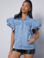 Women'S Fashionable Denim Top With Flying Sleeves