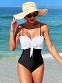 SHEIN Swim Chicsea Women's Color Block One Piece Swimsuit With Bowknot And Ruching Detail On Chest