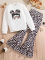 SHEIN Kids HYPEME Girls' (big) Cartoon And Leopard Pattern Long Sleeve T-shirt And Flared Pants 2pcs/set
