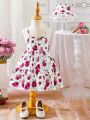 Baby Girl Floral Printed Sleeveless Dress With Hat