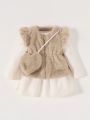 SHEIN Newborn Baby Girl Ruffle Trim Fuzzy Jacket & Bag